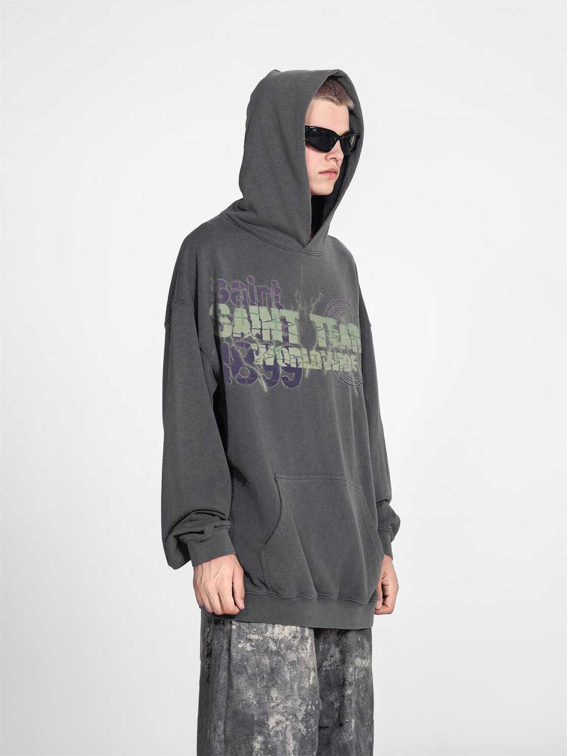 Saint Mich@el tears washed distressed salt-treated 400g heavy-weight vintage terry cloth hoodie in gray