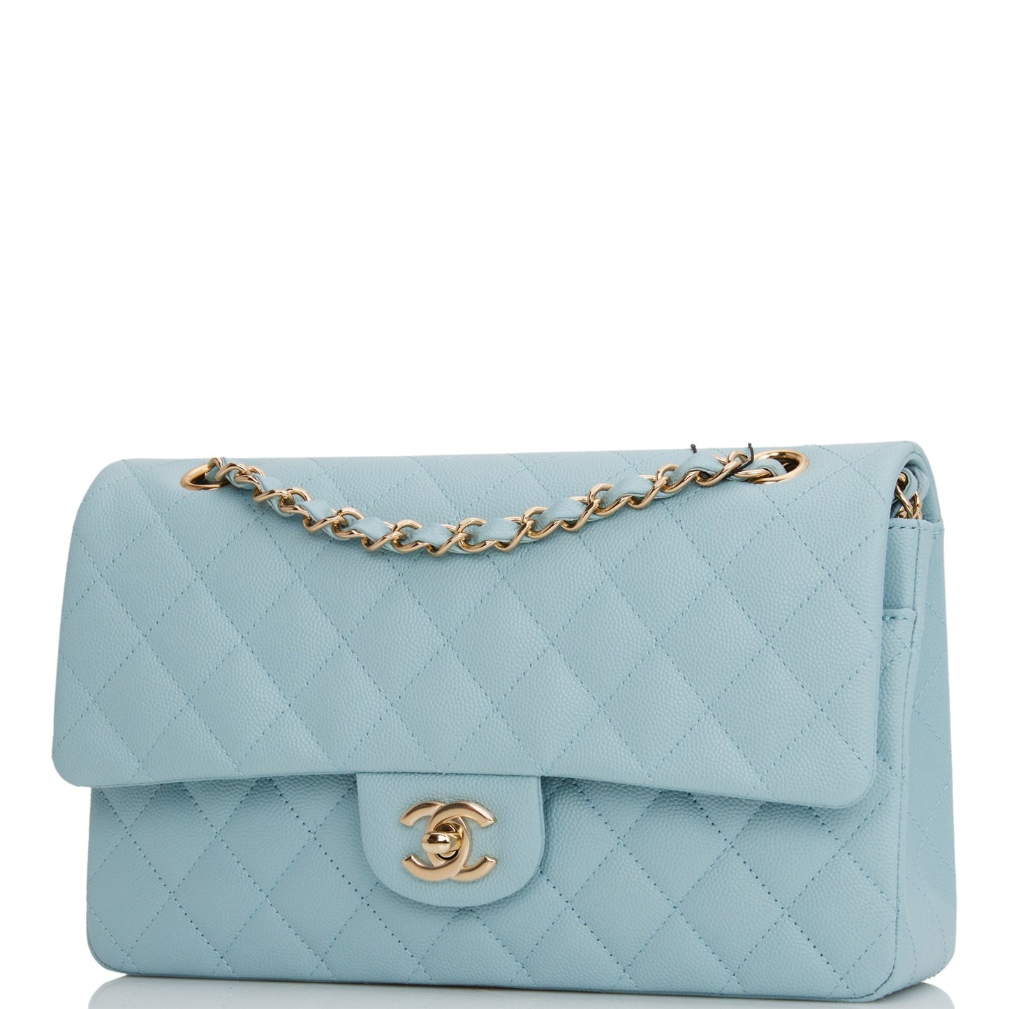 Medium Classic Double Flap Bag Blue Quilted Caviar Light Gold Hardware