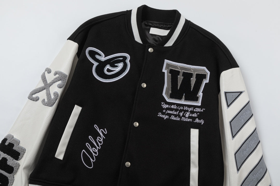Off-White 2024 Fall/Winter new heavy embroidery patchwork leather varsity jacket in black, unisex 7FI9KECO