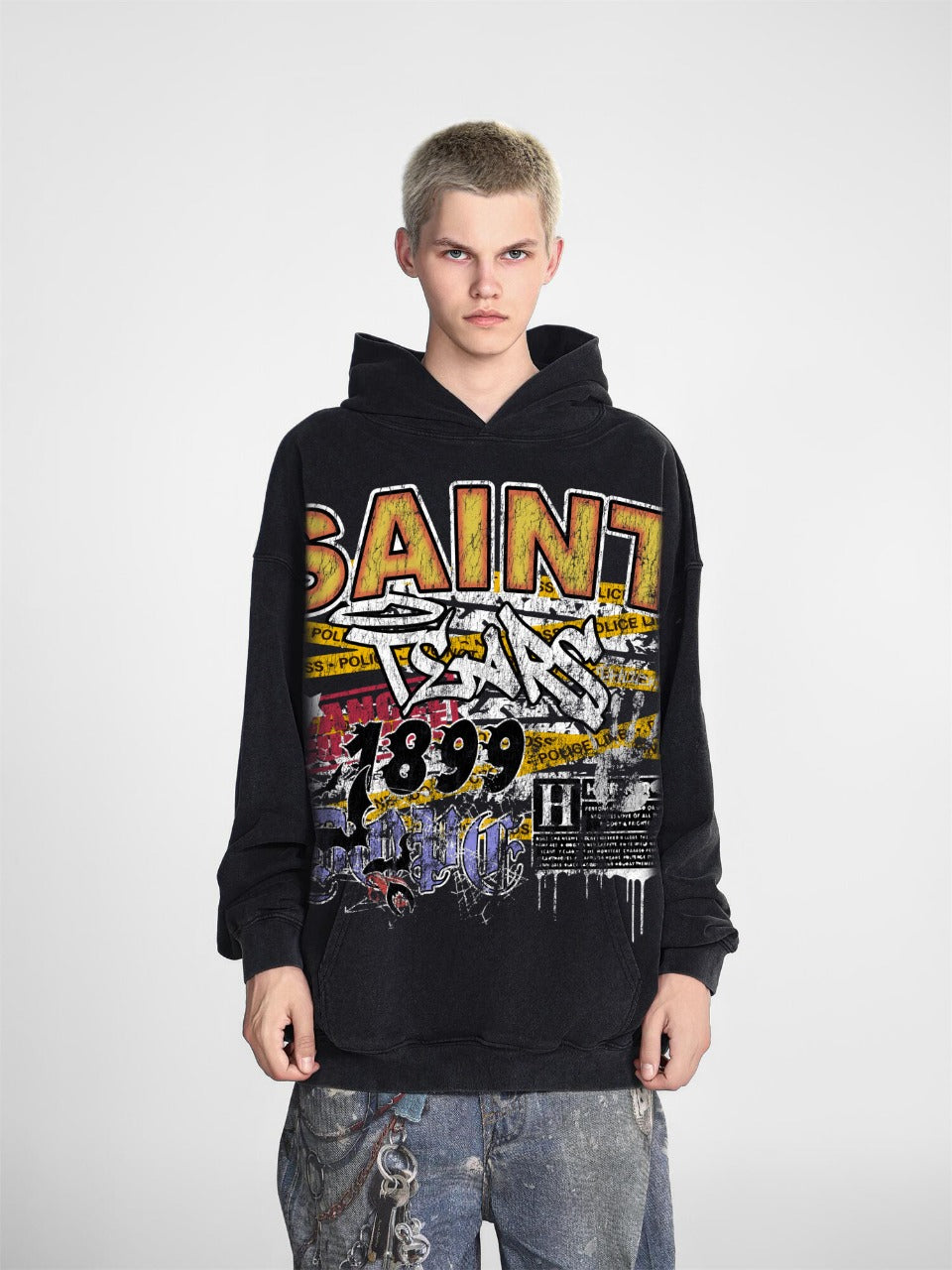 Saint Mich@el tears washed distressed salt-treated 400g heavy-weight vintage terry cloth hoodie SZFN6TNZ