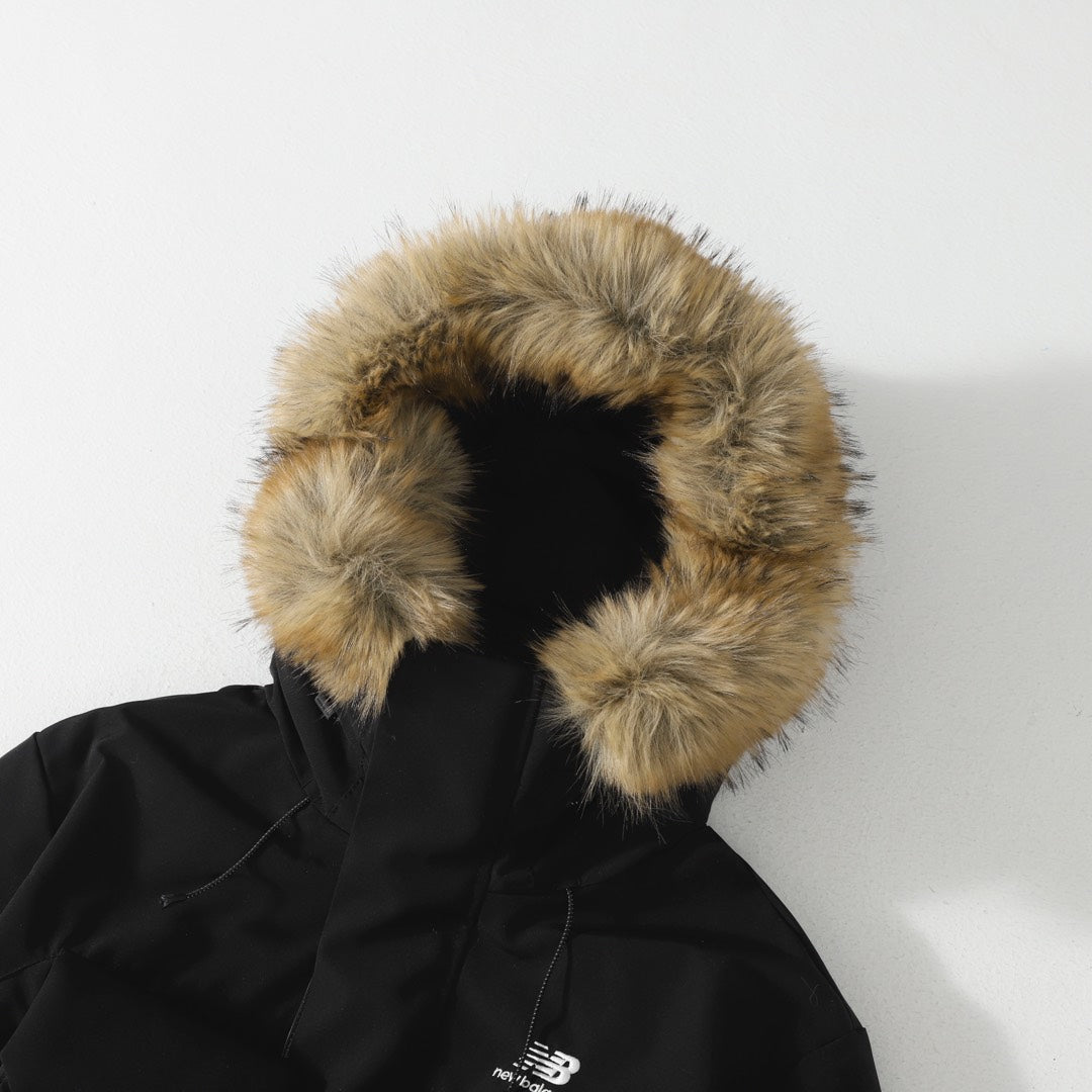 New Balance Solid-color Fur-trimmed Mid-length Hooded Down Jacket