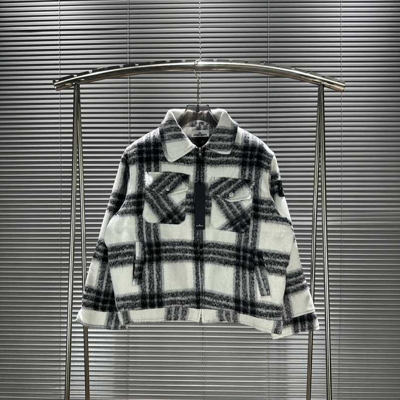 Stone 1sland Black and White Checkered Wool-cotton Padded Jacket