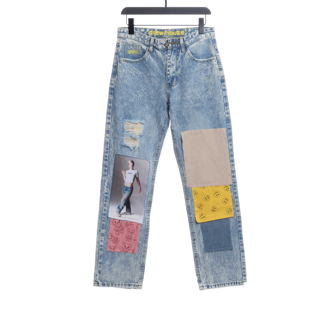 Drew Smiley Bear Patch Ripped Denim Trousers pants