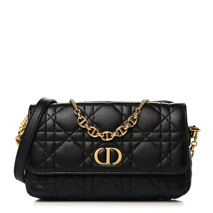 CHRISTIAN DIOR Calfskin Cannage Caro Pouch with Chain Black