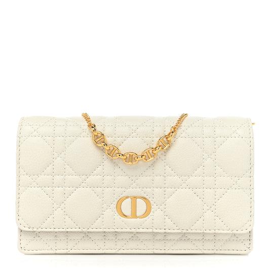 CHRISTIAN DIOR Calfskin Caro Pouch with Chain Latte