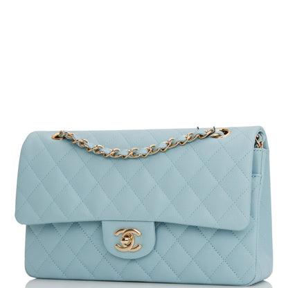 Medium Classic Double Flap Bag Blue Quilted Caviar Light Gold Hardware