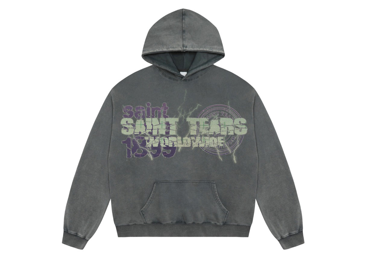 Saint Mich@el tears washed distressed salt-treated 400g heavy-weight vintage terry cloth hoodie in gray