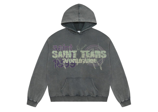 Saint Mich@el tears washed distressed salt-treated 400g heavy-weight vintage terry cloth hoodie in gray