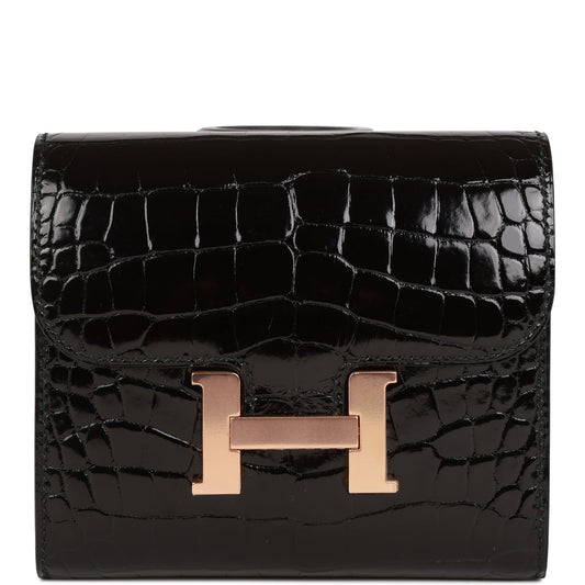 Hermès Constance Compact Wallet Black Shiny Alligator Rose Gold Hardware