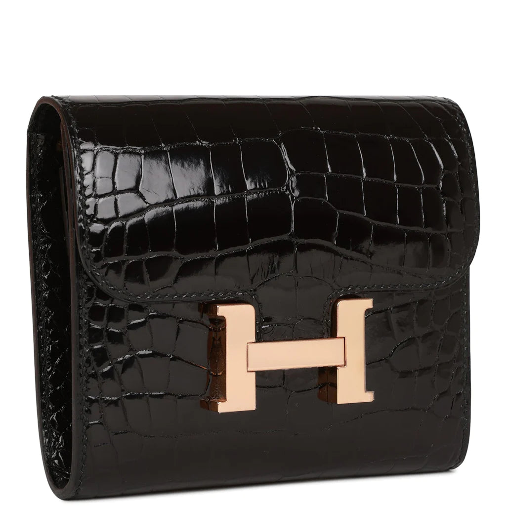 Hermès Constance Compact Wallet Black Shiny Alligator Rose Gold Hardware