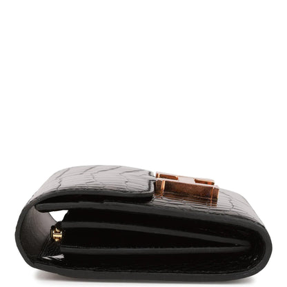 Hermès Constance Compact Wallet Black Shiny Alligator Rose Gold Hardware