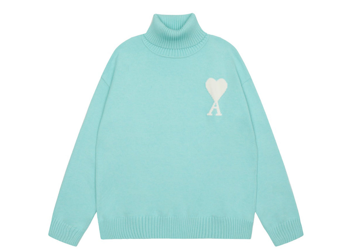 Am1 2024SS classic lake green jacquard big heart turtleneck sweater