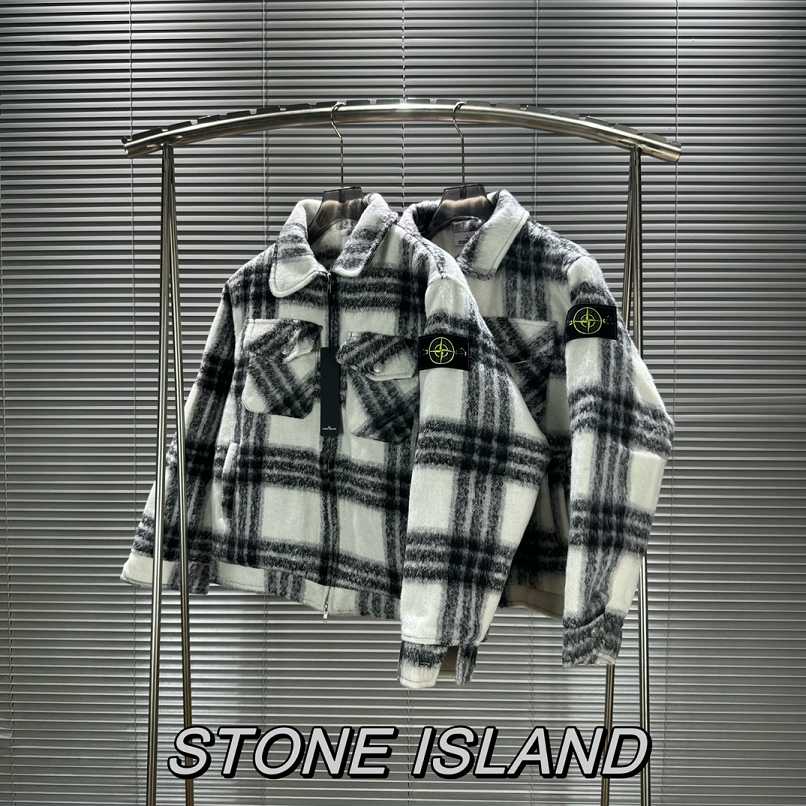 Stone 1sland Black and White Checkered Wool-cotton Padded Jacket