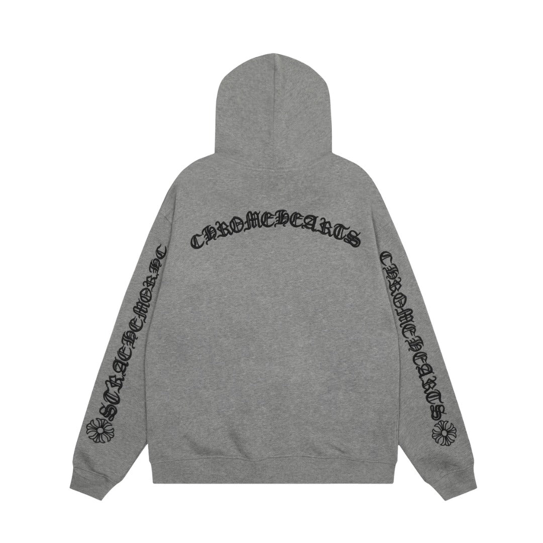 Chrome Hearts gray embroidered and printed heavy-duty zip-up hoodie