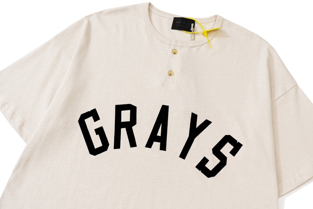 FEAR OF GOD GRAYS Henley collar letter flocking print short T-shirt