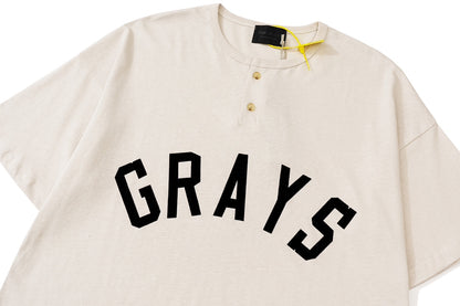 FEAR OF GOD GRAYS Henley collar letter flocking print short T-shirt