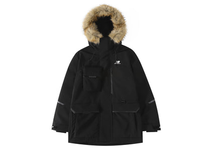 New Balance Solid-color Fur-trimmed Mid-length Hooded Down Jacket