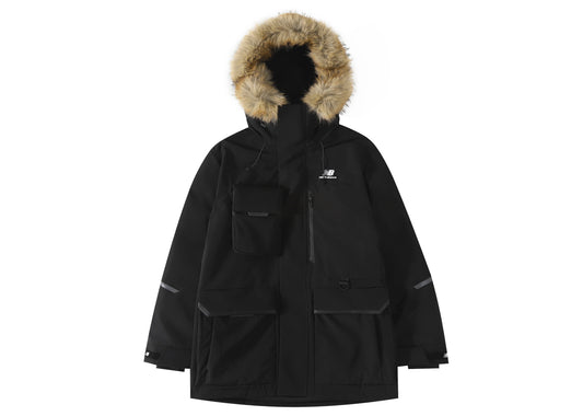 New Balance Solid-color Fur-trimmed Mid-length Hooded Down Jacket