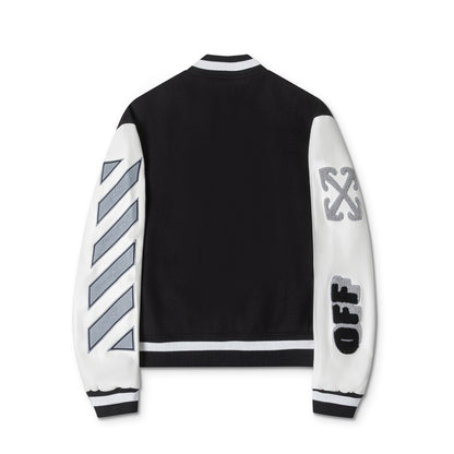 Off-White 2024 Fall/Winter new heavy embroidery patchwork leather varsity jacket in black, unisex 7FI9KECO