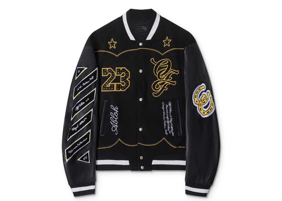 Off-White 2024 Fall/Winter new heavy embroidery rhinestone patchwork leather varsity jacket in black, unisex