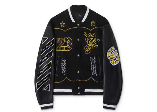 Off-White 2024 Fall/Winter new heavy embroidery rhinestone patchwork leather varsity jacket in black, unisex
