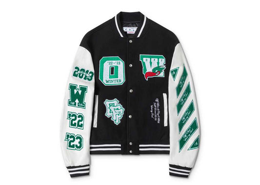 Off-White 2024 Fall/Winter new heavy embroidery patchwork leather varsity jacket in black, unisex 57SFN7QG