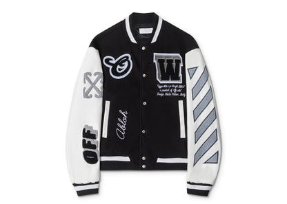 Off-White 2024 Fall/Winter new heavy embroidery patchwork leather varsity jacket in black, unisex 7FI9KECO
