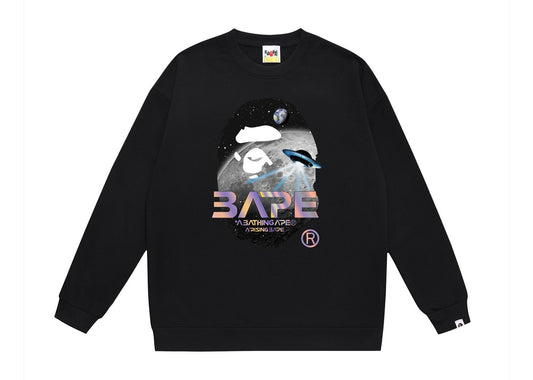 BAPE Mid-Autumn Moon and UFO Ape Head holographic logo graphic crewneck sweatshirt
