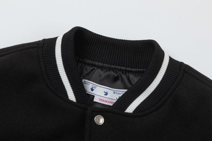 Off-White 2024 Fall/Winter new heavy embroidery patchwork leather varsity jacket in black, unisex 57SFN7QG